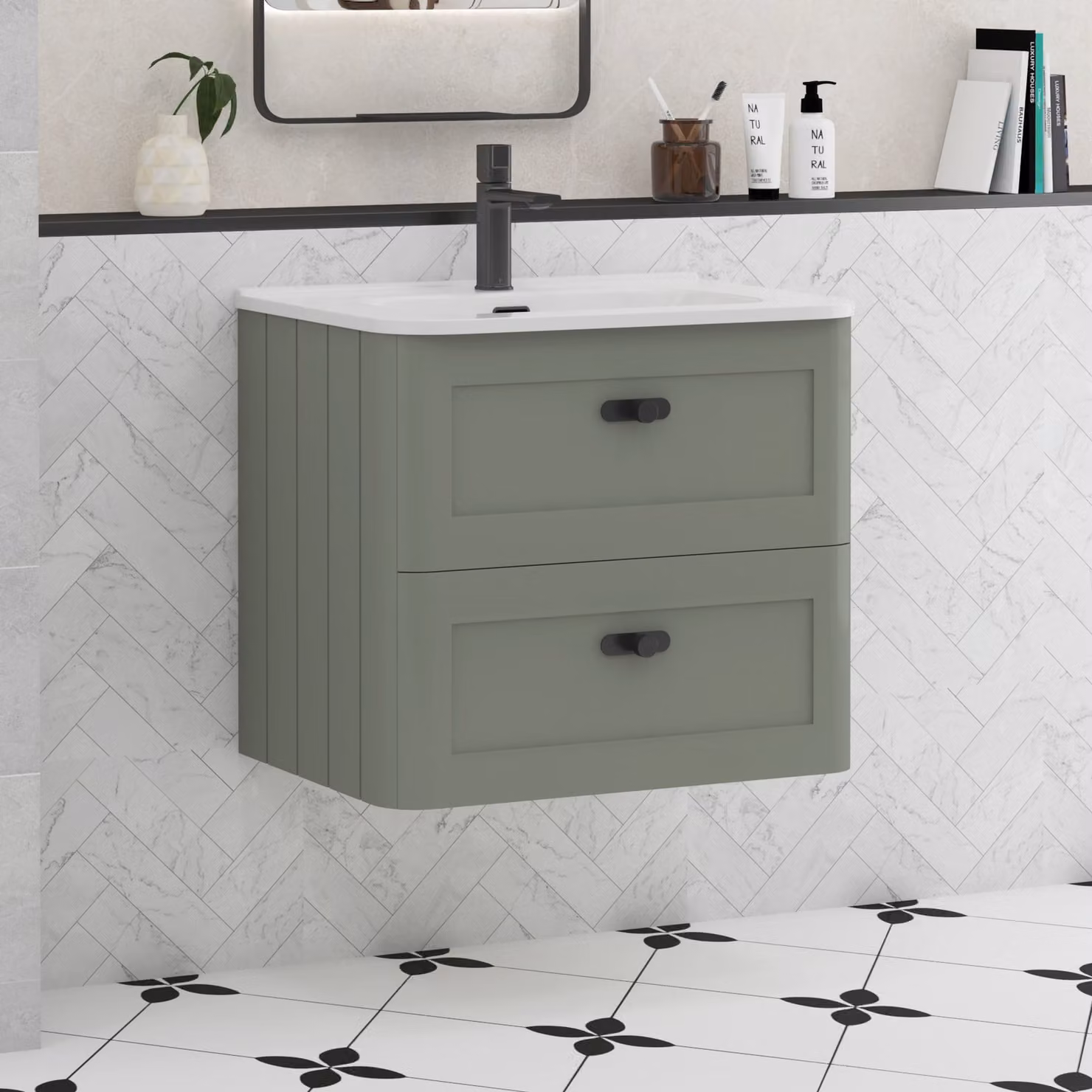 Royal Bathrooms Henley 600mm Wall Hung Vanity Unit with 2 Drawers and Ceramic Basin in Sage Green and White