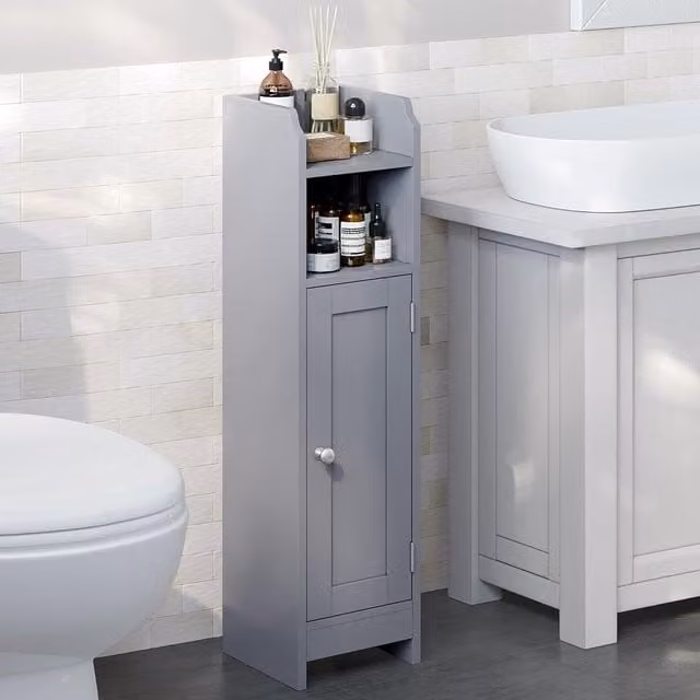VASAGLE Narrow Grey Bathroom Storage Cabinet with Hinged Doors and Internal Shelves