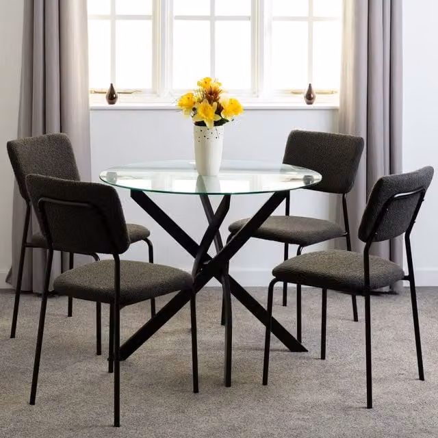 Seconique Modern Round Glass Top Dining Set with Grey Chairs