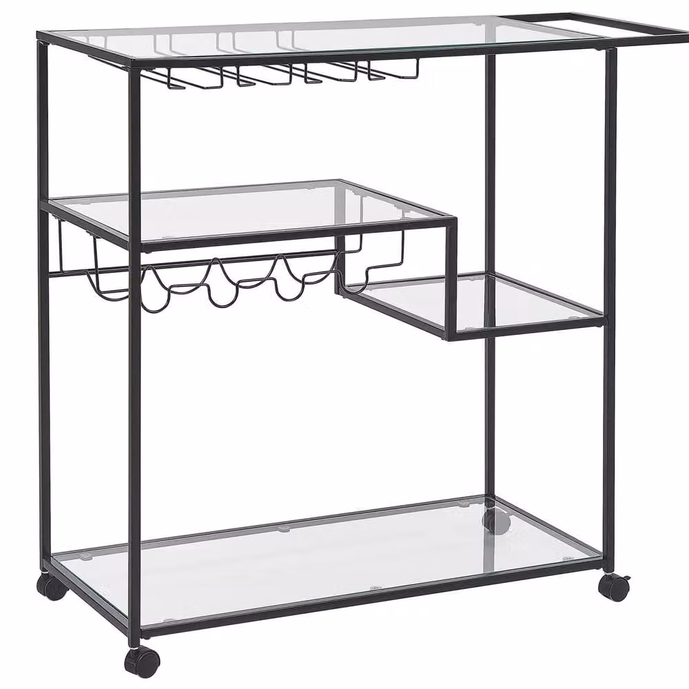 Wyld and Coco Modern Black Kitchen Trolley with Tempered Glass and Metal Bottle Rack, H 103 x W 40 x D 94 cm – 2