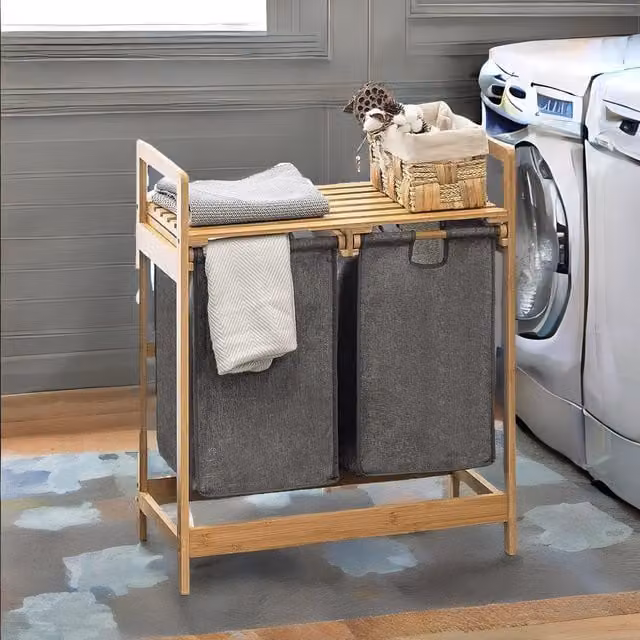 Rafaelo Mobilia Bamboo Pull Out Double Laundry Basket with Shelf in Grey and Natural