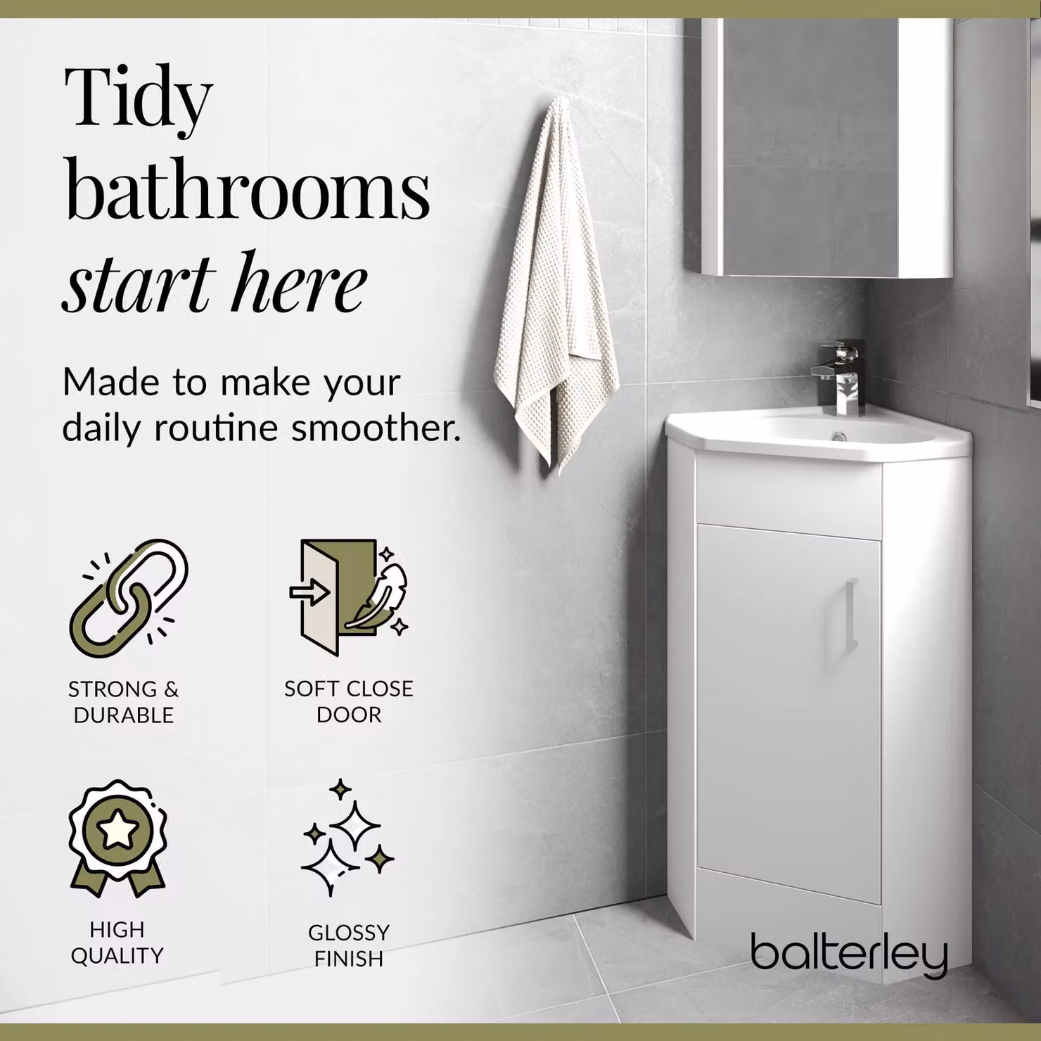 Balterley Gloss White Free Standing 1 Door Corner Vanity Basin Unit Width: 55.5 cm – 2