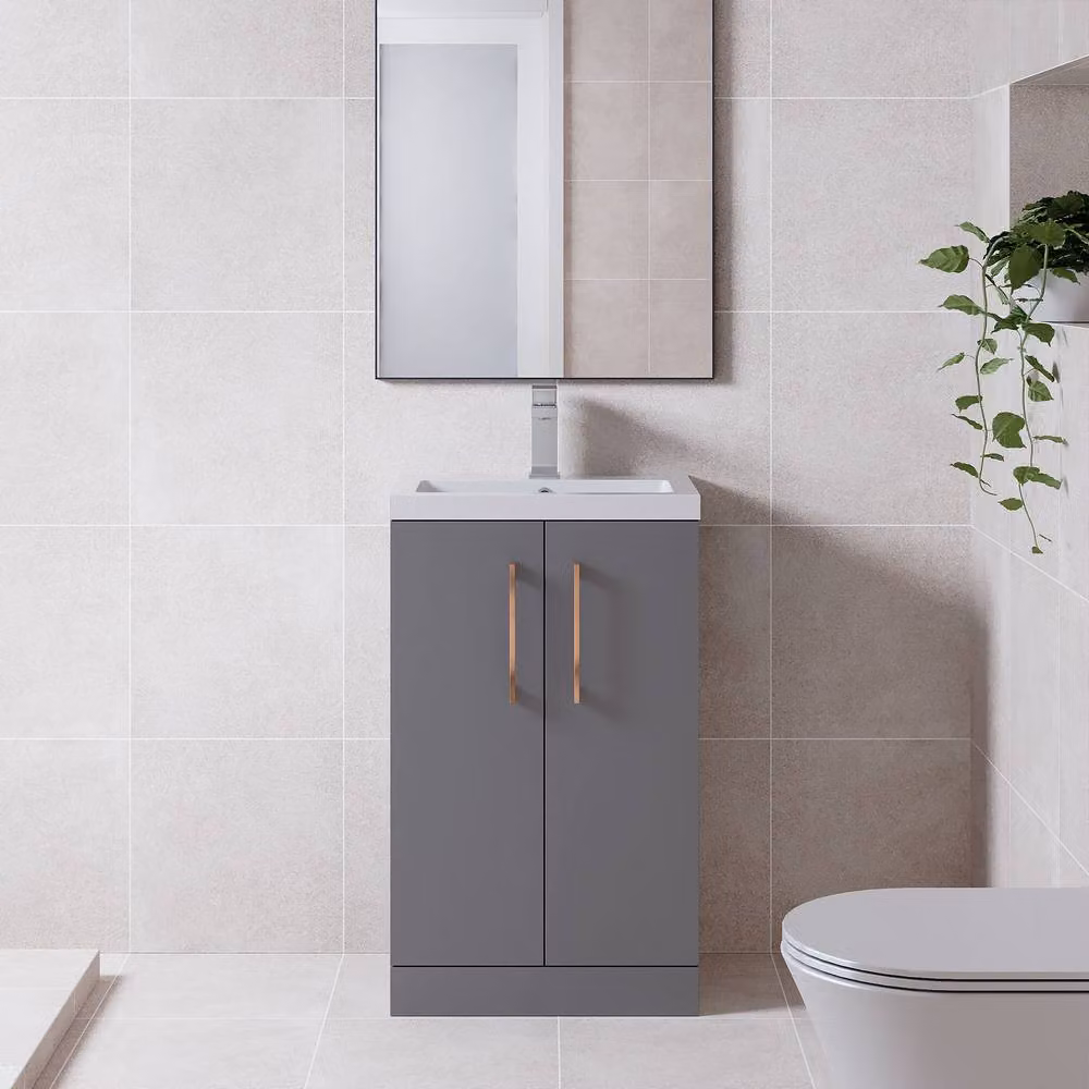 Balterley Modern Freestanding Bathroom Vanity Unit with Soft Close Hinged Doors in Matt Grey, Width: 50 cm – 2