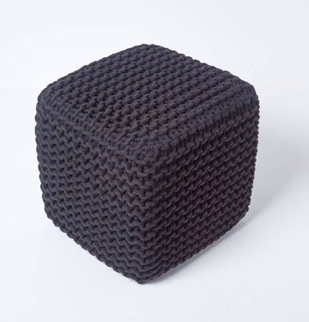 Homescapes Black Cotton Knitted Pouffe Cube