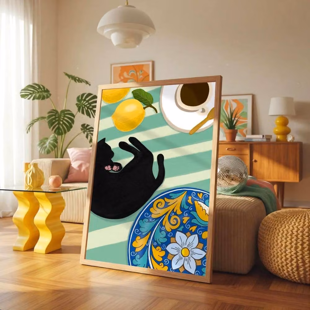 The Paper Tail Coffee and Lemons Black Cat Art Print, Multicolour, Size: 14.8 x 14.8 cm – 3