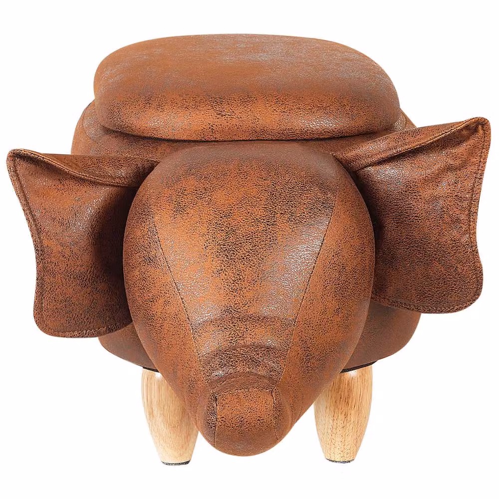 Wyld and Coco Elephant Kids Storage Stool in Brown Faux Leather with Rubberwood Legs – 3