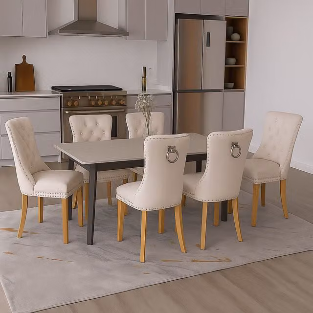 Neo Set of Six Studded Velvet Dining Chairs with Ring Knocker in Beige and Multicolour