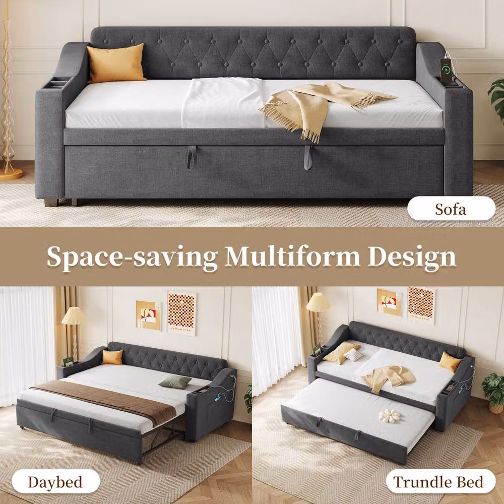 Matteo Grey Linen Upholstered 3ft Single Daybed with USB Charging Port, Side Compartments and Trundle, W/D/H: 90 x 190 cm – 3
