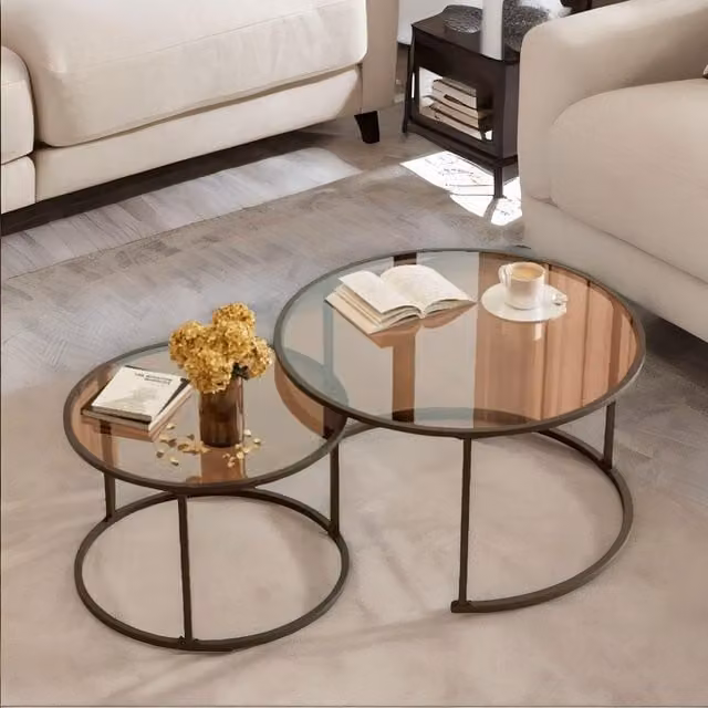 FURNOS Set of 2 Round Nesting Tables with Black Tempered Glass Tops – 1