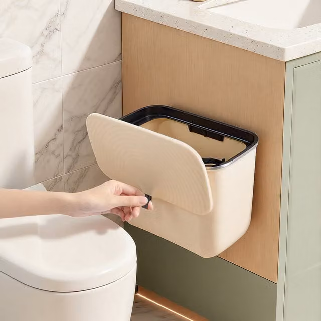Lifeideas Beige Wall Mounted Hanging Waste Bin with Flip Lid, 7l