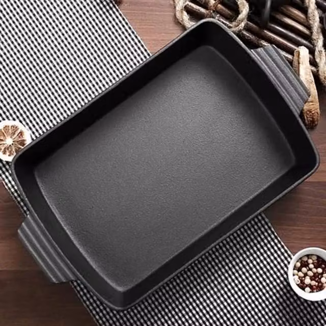 EONLION Black Uncoated Cast Iron Rectangular Roasting Dish with Dual Handles, 100 cm – 1