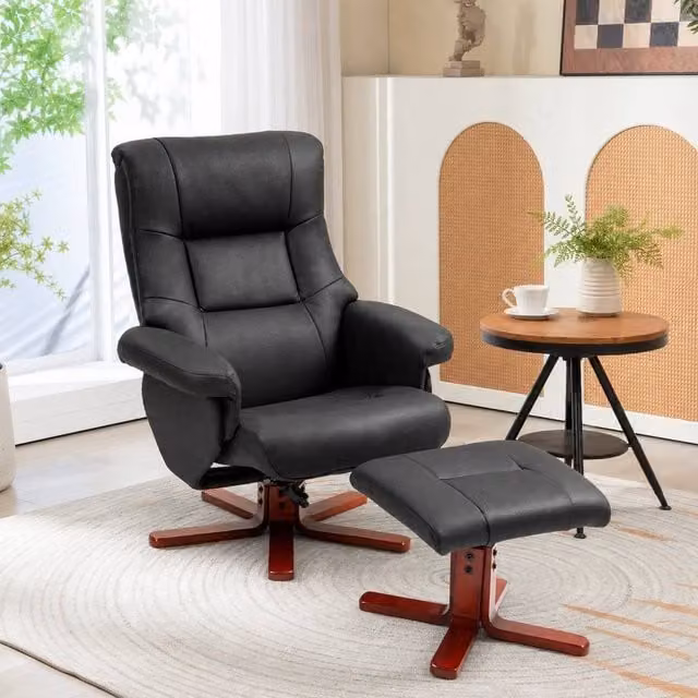 STILVORA Recliner and Footstool Set in Black with Manual Recline and Synthetic Leather Finish – 1