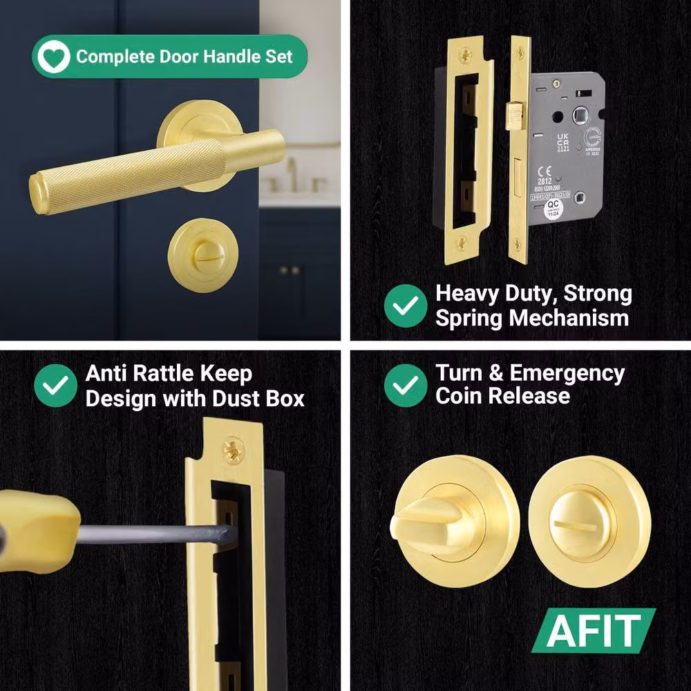 AFIT Satin Brass Bathroom Door Handle with Rose and WC Lock, Gold, W/D/H: 15 x 15 x 2 cm – 4