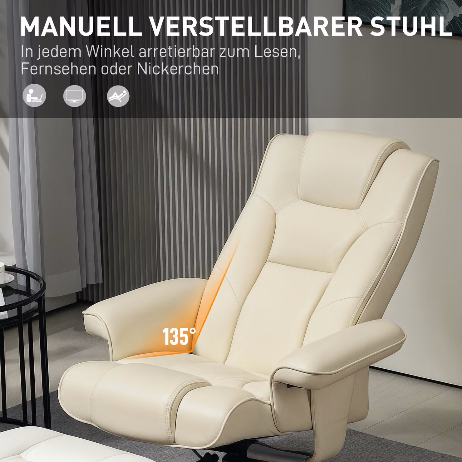 HOMCOM Faux Leather Manual Recliner and Footstool Set in White – 3