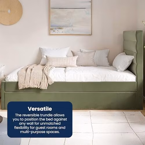 Flair Ari Upholstered Single Bed with Trundle in Green Velvet and Beige Bouclé, W/D/H: 90 x 190 cm – 4
