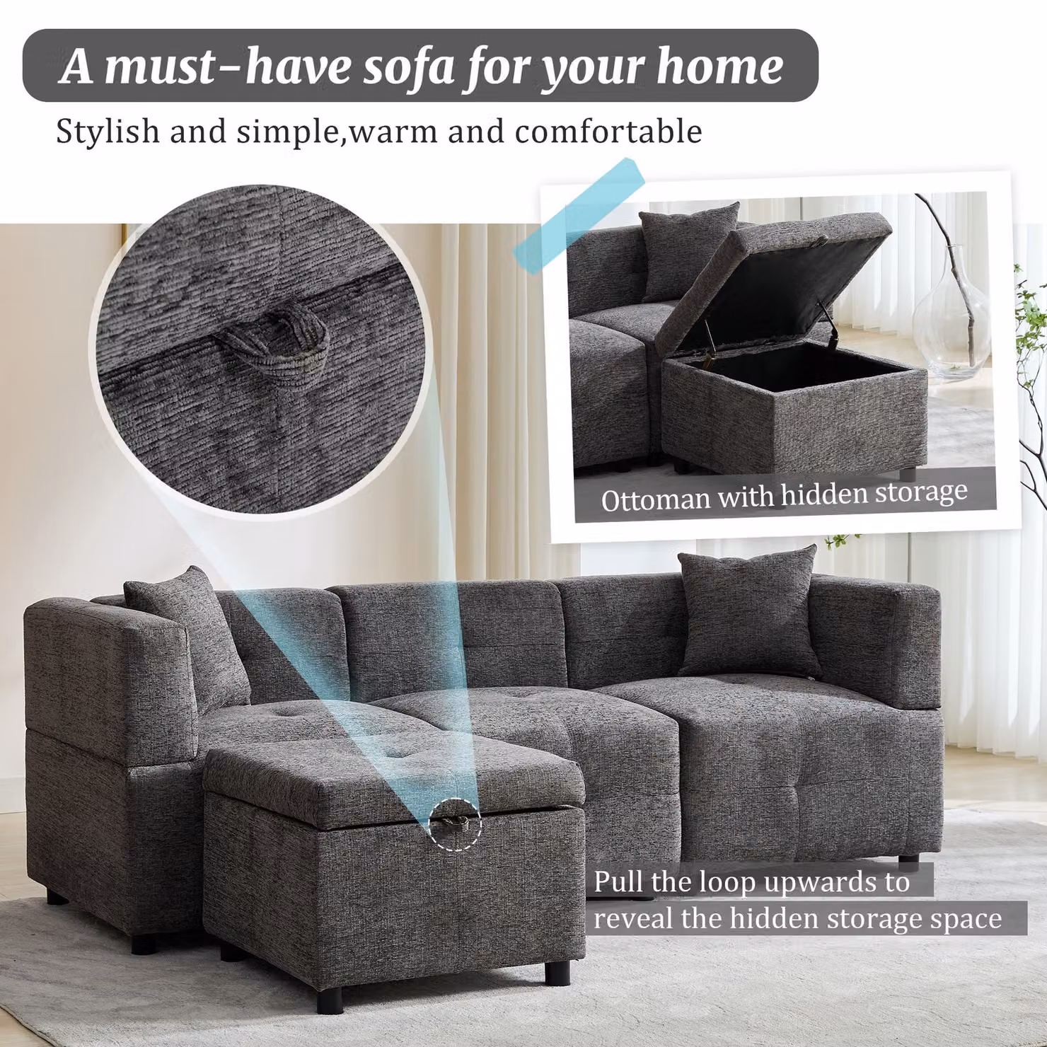 Aosom.UK Grey L-Shaped Sectional Fabric Sofa with Reversible Design, Removable Storage Ottoman and 2 Pillows, W/D/H: 204 x 68 x 69 cm – 3