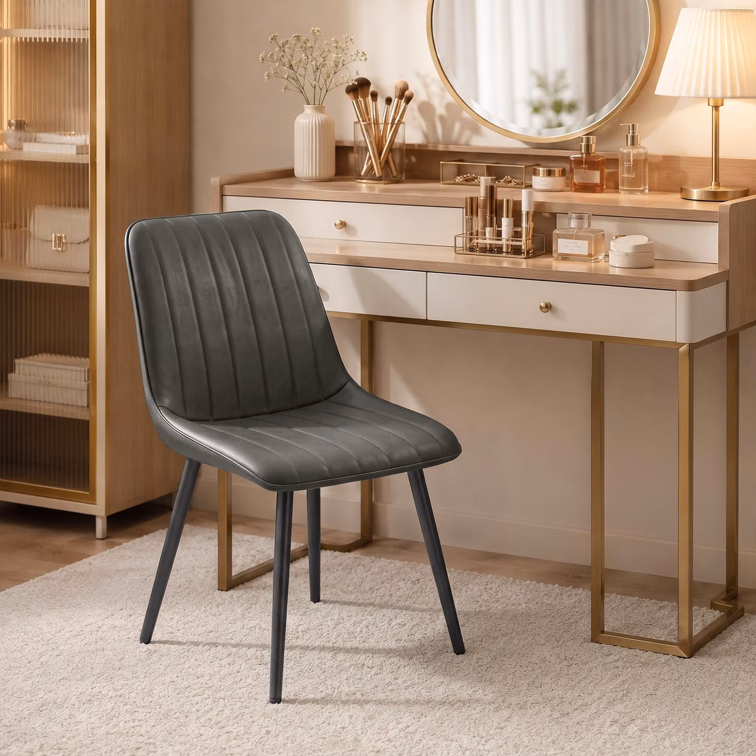 HOMCOM Set of 2 Modern Faux Leather Upholstered Kitchen and Dining Chairs with Metal Legs, Grey – 6