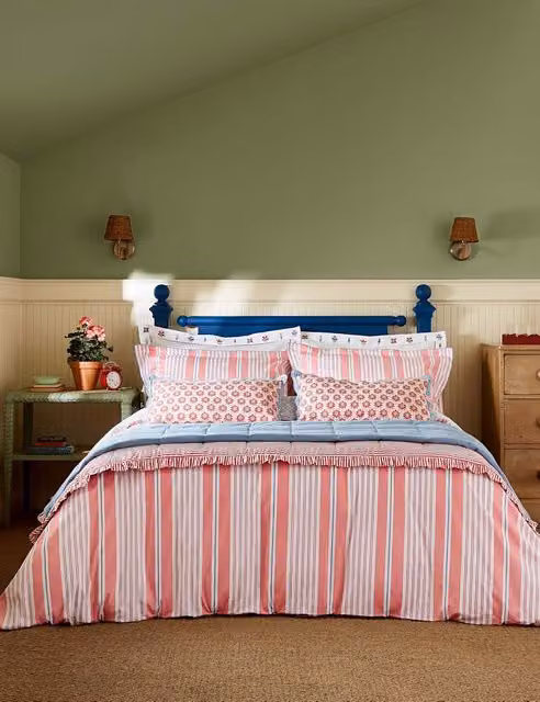 Joules Siesta Stripe Reversible Cotton Bedding Set with Pillowcase, Red Mix, 200 x 200 cm