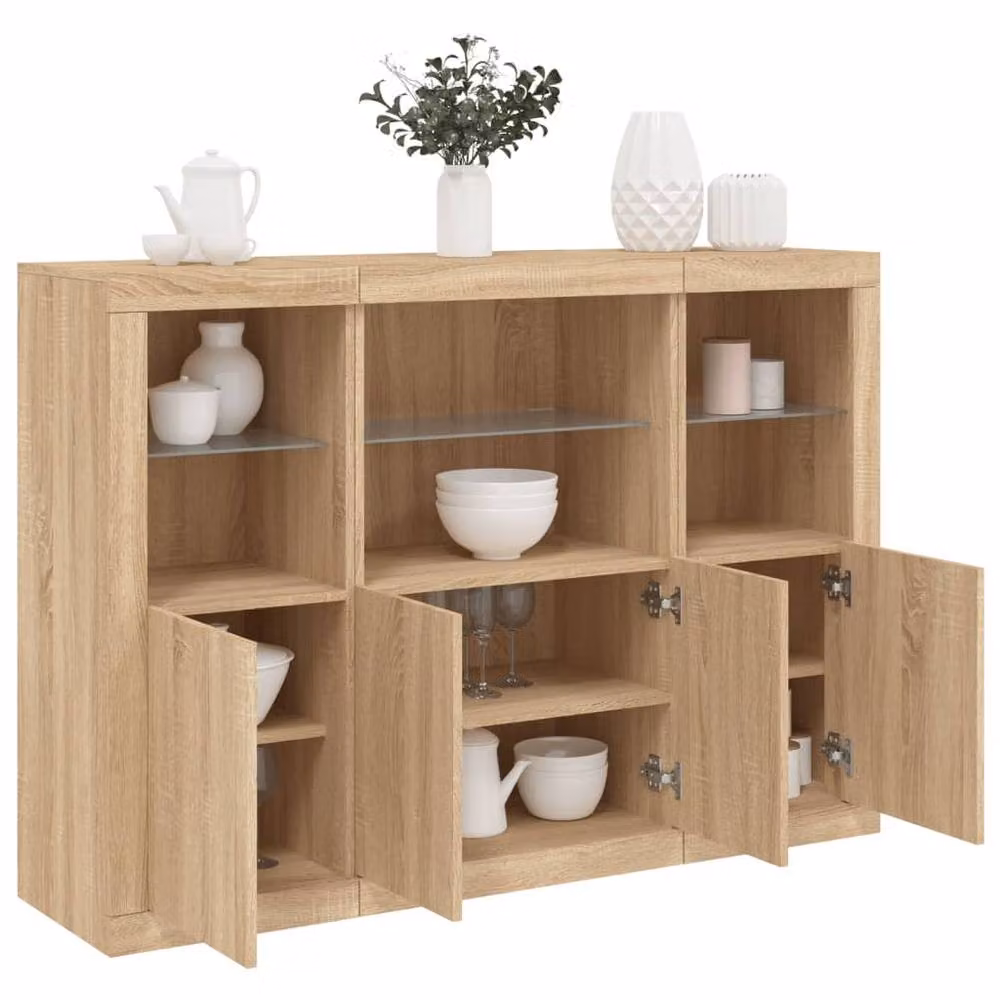 Berkfield Home Set of 3 Sonoma Oak Sideboards with Integrated LED Lighting in Light Tan – 2