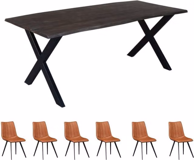IH Design Live Edge Acacia Wood and Metal Rectangular Dining Table Set with 6 Chairs in Grey and Brown