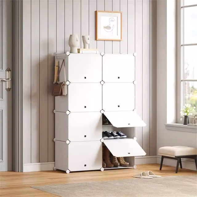 KORVIXA White 8 Piece Portable Plastic Shoe Cabinet with Hinged Doors, W: 100 cm, H: 125 cm, D: 2 cm – 1