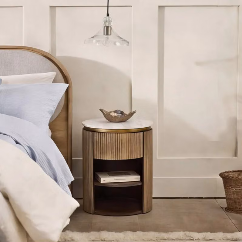 Atkin and Thyme Rondo Bedside Table in Mango Wood with Stone Top, Brown, Gold and Beige