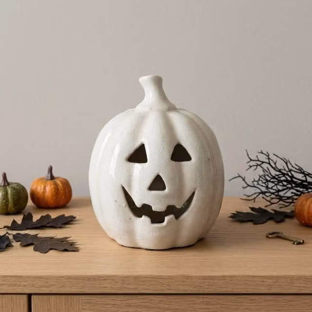 Garden Greatness White Ceramic Halloween Pumpkin Tabletop Ornament