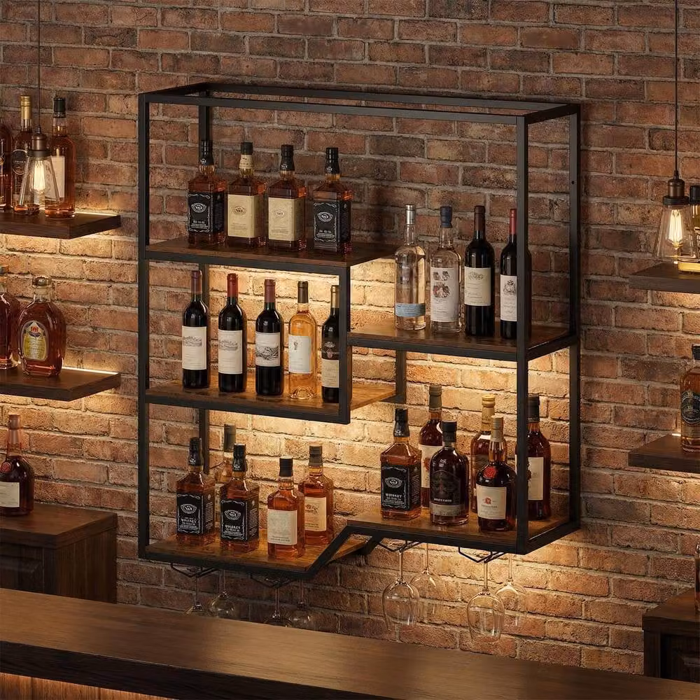 Costway 5-Tier Wall Mounted Industrial Wine Display Shelf with Glass Holders in Brown – 4
