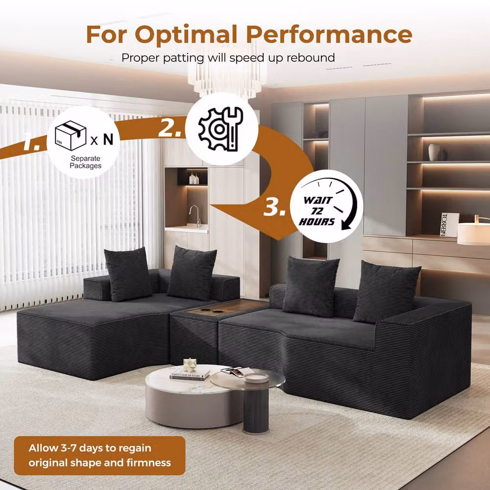 Dprodo Black Corduroy Left-Facing L-Shaped Modular Sofa with Cup Holder Table and Scatter Cushions, 320 cm – 4