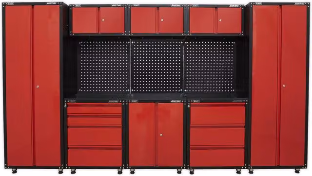 Loops Red and Multicolour Heavy Duty Modular Garage Storage System with Hinged Doors and Internal Shelves and Drawers – 1