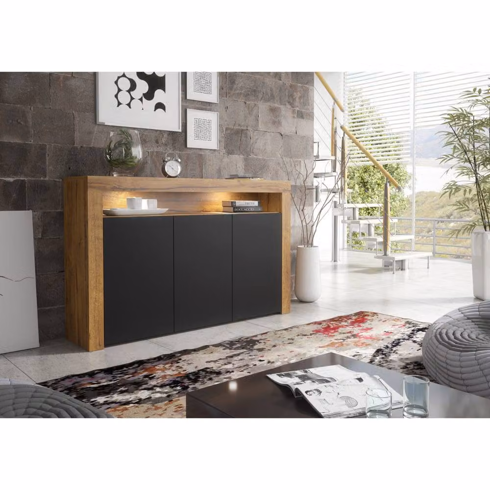 Mex Furniture LTD Aether Sideboard in Dark Oak and Black Matt with Integrated LED Lighting, W: 155 cm, H: 92 cm, D: 40 cm – 3