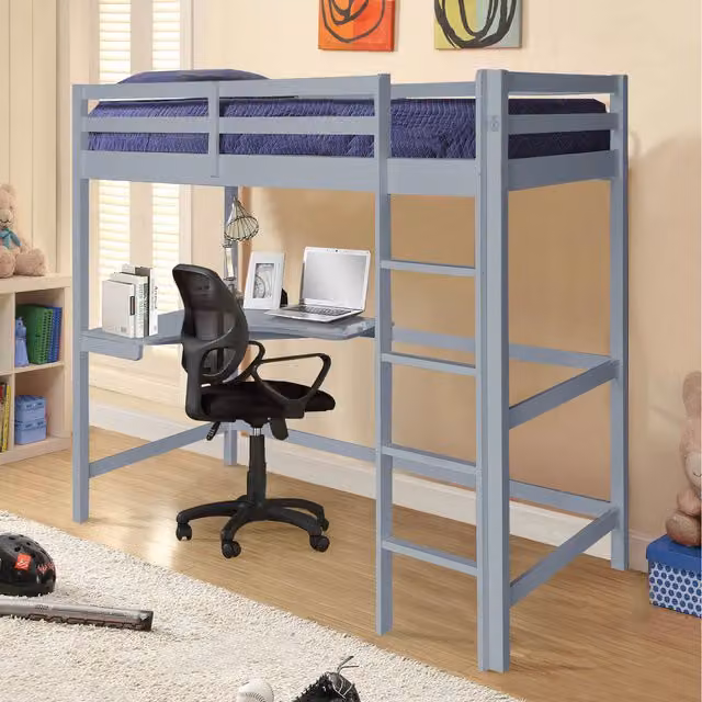 Comfy Living Grey and White Solid Pine High Sleeper Bed with Corner Desk for Children, 90 x 190 cm