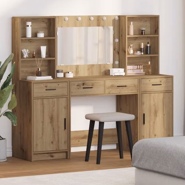 Berkfield Home Hollywood LED Modern Dressing Table Set in Brown Oak Wood Finish – 1