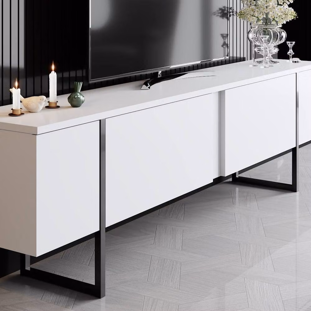 Calicosy Luxury Modern TV Stand with 2 Drop-Down Doors, White, W/D/H: 180 x 50 x 30 cm – 2