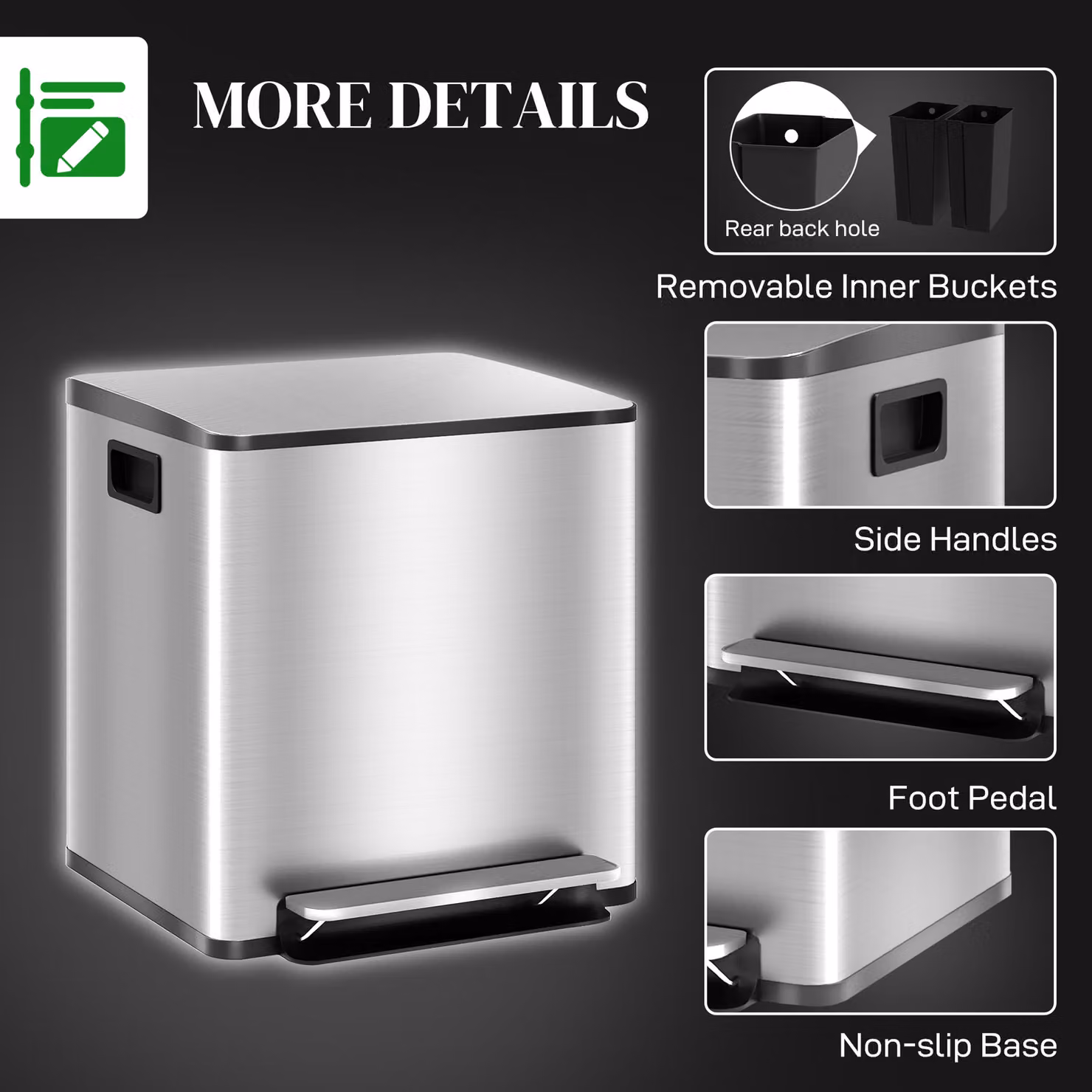 HOMCOM 30L Dual Compartment Stainless Steel Pedal Bin with Odour Filter and Removable Inner Buckets in Silver Tone – 7