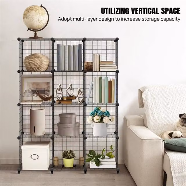 EONLION 12 Cube Wire Storage Shelves in Black, W/D/H: 127 x 50 x 30 cm