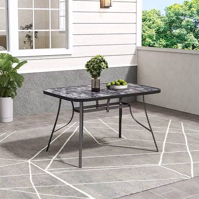 Breeins Modern Black Marble Effect Rectangular Garden Table with Glossy Tempered Glass, W: 120 cm, H: 72.5 cm