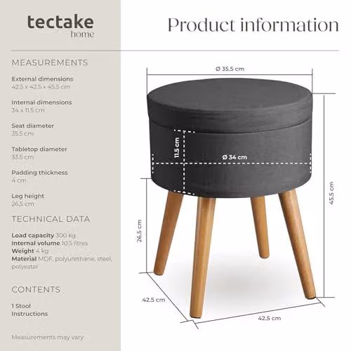 tectake Yara Round Storage Stool in Grey Fabric with Beech Legs, W/D/H: 45.5 x 42.5 x 42.5 cm – 3