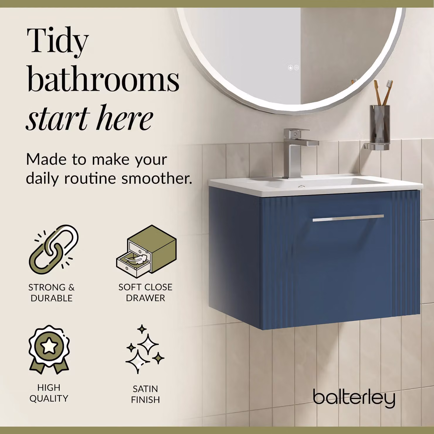 Balterley Wall Hung 1 Drawer Vanity Unit with Minimalist Basin, Satin Blue – 4