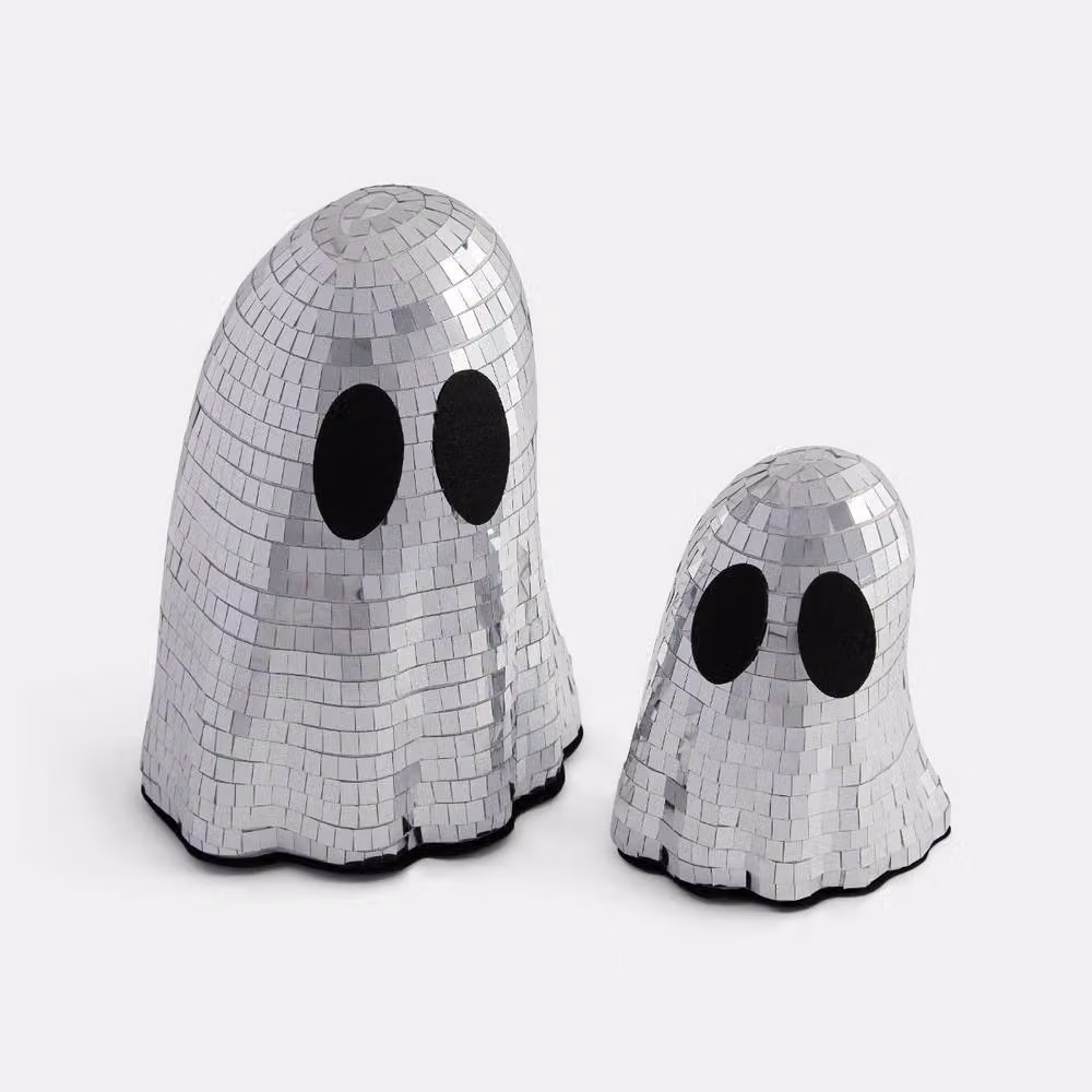 OHS 2 Pack Halloween Ghost Disco Mirror Ball Freestanding Party Decor in Silver and Black – 2