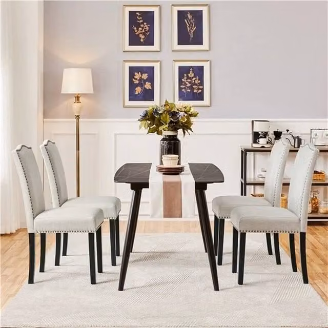 SPETLEK Modern Upholstered Dining Chairs in White Fabric with Bronze and Wood Details – 1