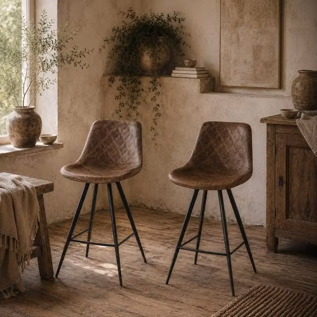 Wyld Haus Suvedi Set of 2 Brown Quilted Microfibre Tub Bar Stools with Metal Frame – 1