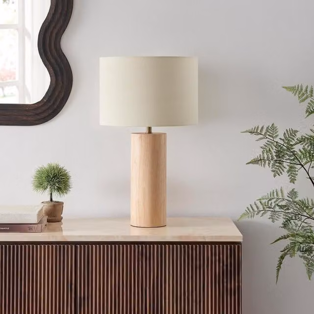 Furniturebox UK Connie Wood Cylindrical Pillar Table Lamp in Brown and Beige