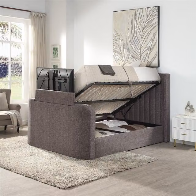 Home Source Riviera Grey Fabric King Size TV Bed Frame with Side Gas Lift Storage