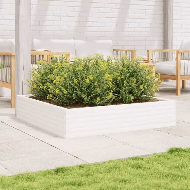 Berkfield Home Ornamental White Wood Garden Planter Tub W: 110 cm, D: 110 cm, H: 23 cm – 1