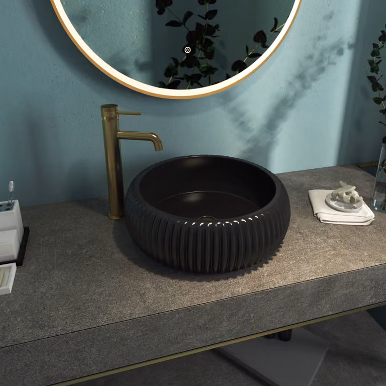 Royal Bathroom Milan Round Ceramic Countertop Basin Vessel, Black, Diameter: 40 cm