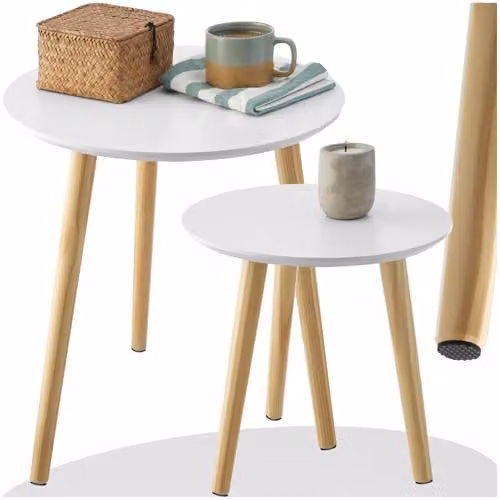 tectake 2-Piece Scandi Design Nesting Side Table Set with Solid Pine Wood Legs in White and Brown