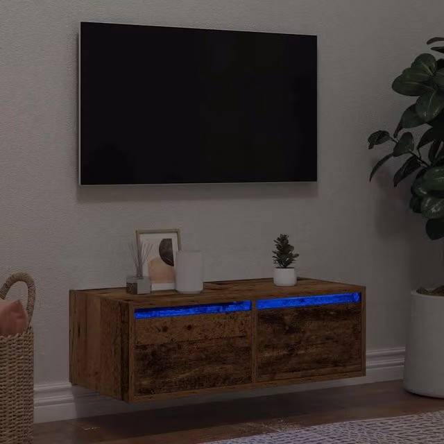 Berkfield Home TV Cabinet with LED Lights in Old Wood Brown, W: 75 cm, D: 25 cm, H: 35.5 cm – 1