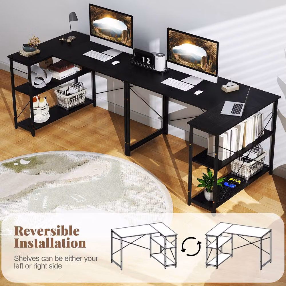 Gymax Reversible L-shaped Corner Computer Desk with Adjustable Shelf in Black – 4