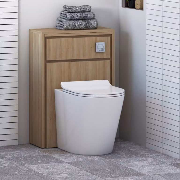 Livora Natural Oak Wall Mounted WC Unit with Cesar Rimless Ceramic Toilet Pan, Slim Soft Close Seat and Cistern, Width: 55.5 cm